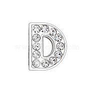 Eco-Friendly Zinc Alloy Slide Charms, with Rhinestone, Platinum Plated, Letter, Crystal, Letter.D, 12mm, Hole: 1.5x7.9mm(X-ALRI-WH0001-01P-D)