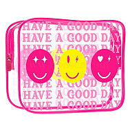 Transparent PVC Cosmetic Pouches, Waterproof Clutch Bag, Toilet Bag for Women, Hot Pink, Smiling Face, 20x15x5.5cm(ABAG-D008-02B)