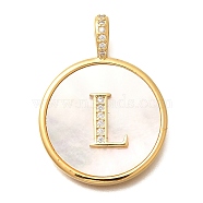 Rack Plating Brass Micro Pave Clear Cubic Zirconia Pendants with Shell, Letter Series Charms, Long-Lasting Plated, Lead Free & Cadmium Free, Letter L, 32x24x3.5mm, Hole: 6x3mm(KK-M309-42G-L)