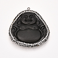 Resin Big Pendants, with Rhinestone, Buddha, Black, 55x50x10mm, Hole: 1.5mm(RESI-S620-01)