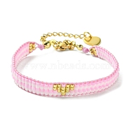 Glass Seed Beaded Bracelets, Heart Bracelets for Women, Pearl Pink, 9-1/8 inch(23.1cm)(BJEW-MZ00061-01)
