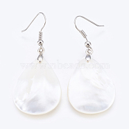 White Shell Dangle Earrings, with Brass Findings, teardrop, Platinum, 52.5~53.5mm, Pin: 0.7mm(EJEW-P148-11)