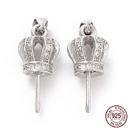 Rhodium Plated 925 Sterling Silver Cup Peg Bails, with Clear Cubic Ziconia, Crown, for Half Drilled Beads, Platinum, 16x7mm, Hole: 4mm, Pin: 0.6mm(X-STER-D035-45P)