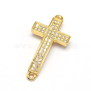 Curved Latin Sideways Cross Brass Micro Pave Cubic Zirconia Links, Clear, Cadmium Free & Nickel Free & Lead Free, Real 18K Gold Plated, 25x13x2mm, Hole: 1mm(X-ZIRC-E010-02G)