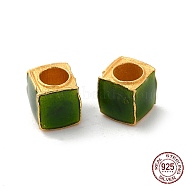 Matte Gold Color 925 Sterling Silver Beads, with Enamel, Square, Dark Green, 5x5x5mm, Hole: 3mm(STER-M113-23B-02MG)