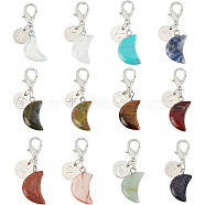 12Pcs Moon Gemstone Pendants Decoration, with 12 Constellations Pattern 304 Stainless Steel Charms, Zinc Alloy Lobster Claw Clasps, 40mm(HJEW-BC0001-28)