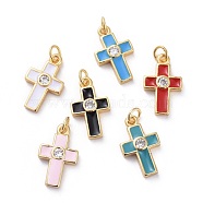 Cubic Zirconia Tiny Cross Charms, with Brass Findings and Enamel, Golden, Mixed Color, 15x9x2.5mm, Hole: 1.8mm(KK-G363-03G)
