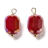 Glass Charms, with Rack Plating Real 18K Gold Plated Brass Loops, Faceted Column, Dark Red, 14.5x7.5mm, Hole: 1.4mm(KK-M266-04G-02)