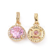 Real 18K Gold Plated Brass Micro Pave Clear Cubic Zirconia Pendants, Flat Round Charms, Pink, 13x11x5mm, Hole: 3x2.5mm(KK-E068-VC436)