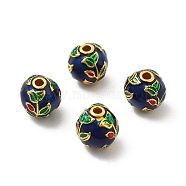 Alloy Beads, with Enamel, Golden, Round with Leaf, Dark Blue, 9mm, Hole: 1.8mm(ENAM-L038-A01)