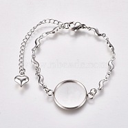 304 Stainless Steel Bracelet Making, with Lobster Claw Clasps, Link Chains and Flat Round Cabochon Settings, Stainless Steel Color, Tray: 16mm, 5-3/4 inch(14.5cm)(STAS-L248-005P)