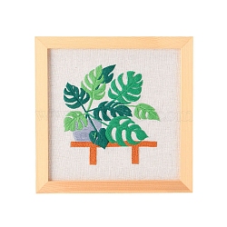 Plant Pattern Embroidery Beginner Kits, including Embroidery Fabric & Needle & Thread, Instruction, Green, Packaging: 225x225mm(PW-WG62735-01)