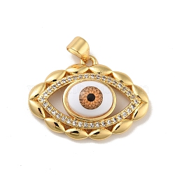 Brass Micro Pave Cubic Zirconia Pendants, with Acrylic, Cadmium Free & Lead Free, Long-Lasting Plated, Evil Eye, Real 18K Gold Plated, Saddle Brown, 19.5x26x7mm, Hole: 4x3.5mm(KK-B059-44G-D)
