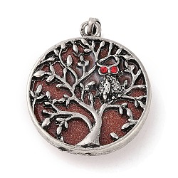 Synthetic Goldstone Tree of Life with Owl Pendants, Rack Plating Anstique Silver Plated Alloy Siam Rhinestone Flat Round Charms, Lead Free & Cadmium Free, 31.5x27.5x10~11mm, Hole: 8x4mm(G-L524-15AS-07)