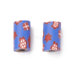 Handmade Polymer Clay Beads, Column with Flower Pattern, Royal Blue, 11~12x7mm, Hole: 2mm(CLAY-XCP0001-15)