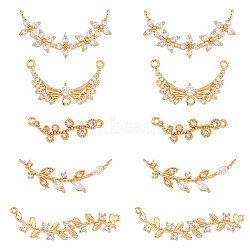 10Pcs 5 Style Brass Pave Clear Cubic Zirconia Connector Charms & Chandelier Component Links, Angel Wing & Olive Branch & Flower, Light Gold, 8~15.5x23.5~35x2~3.5mm, Hole: 0.8~1.2mm, 2Pcs/style(FIND-FH0007-37)