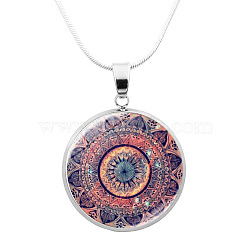 Glass Mandala Flower Dome Pendant Necklace, Platinum Brass Jewelry for Women, PeachPuff, 24.21 inch(61.5cm)(MAND-PW0001-02J)