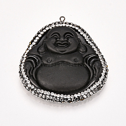 Resin Big Pendants, with Rhinestone, Buddha, Black, 55x50x10mm, Hole: 1.5mm(RESI-S620-01)