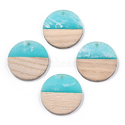 Transparent Resin & White Wood Pendants, Two Tone, Flat Round Charms, Cyan, 28.5x3.5~4mm, Hole: 1.5mm(RESI-TAC0017-39)