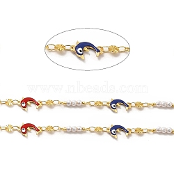 Colorful Enamel Dolphin with Evil Eye & Brass Flat Round Link Chains, with ABS Plastic Imitation Pearl Beaded, Soldered, with Spool, Real 18K Gold Plated, 16.5x3mm, 12.5x8.5x2.5mm, 4x0.5mm(CHC-A006-15G)
