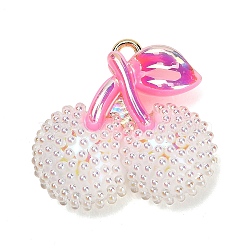 AB Color Alloy & Resin Beaded Pendants, Cherry Charm, Golden, Seashell Color, 26x27.5x11mm, Hole: 2mm(RE-CBA4A70-02A)