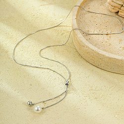 304 Stainless Steel Round Shell Pearl Pendant Lariat Necklaces for Women, Stainless Steel Color, 31.26 inch(79.4cm)(NJEW-U031-04P)