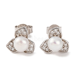 925 Sterling Silver Flower Stud Earrings, with Natural Pearl & Clear Cubic Zirconia, Real Platinum Plated, 9x10mm(EJEW-C115-05P)