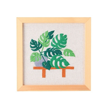 Plant Pattern Embroidery Beginner Kits, including Embroidery Fabric & Needle & Thread, Instruction, Green, Packaging: 225x225mm