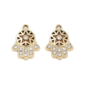 UV Plating Alloy Rhinestone Pendants, Hamsa Hand/Hand of Miriam Charms, Light Gold, 17x12.5x2.5mm, Hole: 1.6mm