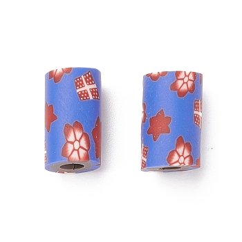 Handmade Polymer Clay Beads, Column with Flower Pattern, Royal Blue, 11~12x7mm, Hole: 2mm