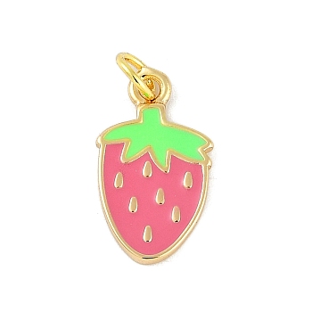 Brass Enamel Pendants, with Jump Ring, Real 18K Gold Plated, Strawberry, 18x10.5x1.5mm, Hole: 3mm