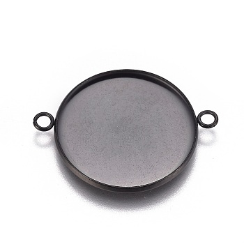 304 Stainless Steel Cabochon Connector Settings, Plain Edge Bezel Cups, Flat Round, Electrophoresis Black, Tray: 25mm, 34x26.8x2mm, Hole: 2.2mm