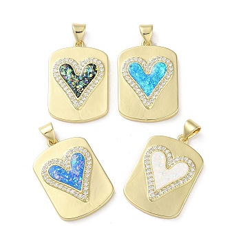 Valentine's Day Brass Micro Pave Clear Cubic Zirconia Pendants, with Synthetic Opal, Real 18K Gold Plated, Rectangle with Heart Pattern, Mixed Color, 25x17x3mm, Hole: 3.5x5mm