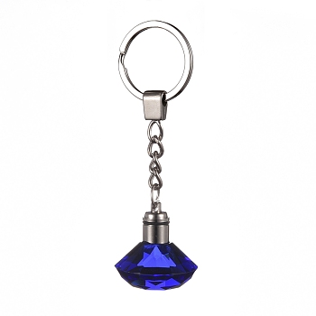 Diamond Shape Faceted Glass Keychain, with Platinum Plated Iron Split Key Rings, Medium Blue, 96mm, Pendants: 30.5x30mm