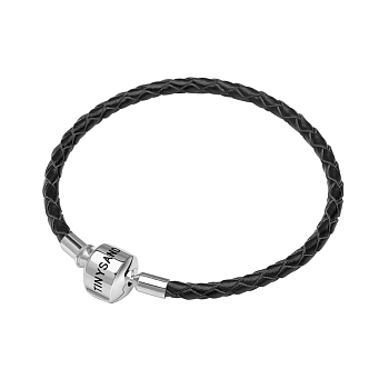 TINYSAND Rhodium Plated 925 Sterling Silver Braided Leather Bracelet Making, with Platinum Plated European Clasp, Black, 180mm