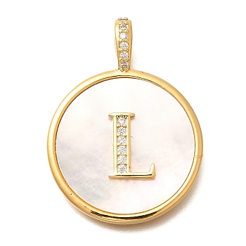 Rack Plating Brass Micro Pave Clear Cubic Zirconia Pendants with Shell, Letter Series Charms, Long-Lasting Plated, Lead Free & Cadmium Free, Letter L, 32x24x3.5mm, Hole: 6x3mm