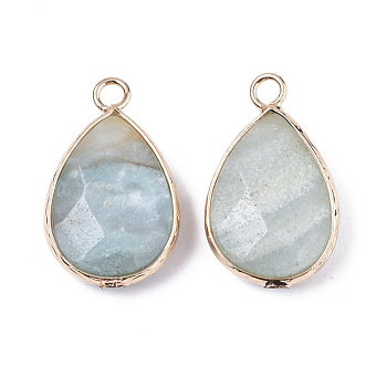 Natural Flower Amazonite Pendants, with Golden Plated Brass Edge and Loop, Teardrop, Faceted, 24x14.5x6.5mm, Hole: 2mm