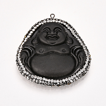 Resin Big Pendants, with Rhinestone, Buddha, Black, 55x50x10mm, Hole: 1.5mm