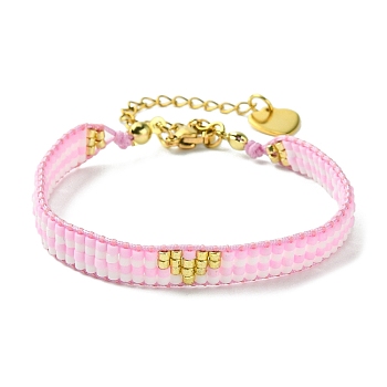 Glass Seed Beaded Bracelets, Heart Bracelets for Women, Pearl Pink, 9-1/8 inch(23.1cm)