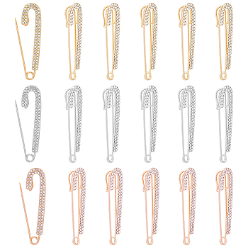 15Pcs 3 Colors Crystal Rhinestone Safety Pin Brooches, Alloy Sweater Shawl Clips for Women, Mixed Color, 72.5x19x9mm, Hole: 5mm, Pin: 1.5mm, 5Pcs/color