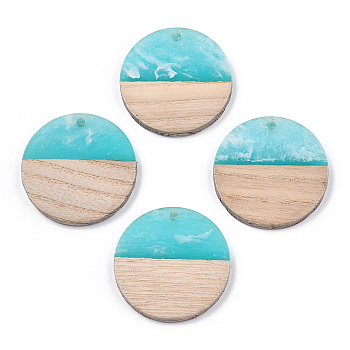 Transparent Resin & White Wood Pendants, Two Tone, Flat Round Charms, Cyan, 28.5x3.5~4mm, Hole: 1.5mm