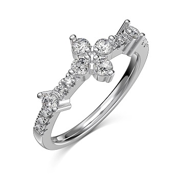 Cross Rhodium Plated 925 Sterling Silver Micro Pave Cubic Zirconia Finger Rings for Women, Real Platinum Plated, Inner Diameter: 17.2mm