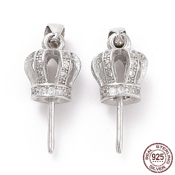 Rhodium Plated 925 Sterling Silver Cup Peg Bails, with Clear Cubic Ziconia, Crown, for Half Drilled Beads, Platinum, 16x7mm, Hole: 4mm, Pin: 0.6mm