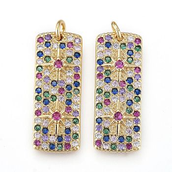 Brass Micro Pave Cubic Zirconia Pendants, Long-Lasting Plated, Rectangle, Colorful, Real 18K Gold Plated, 22x8.5x2mm, Hole: 2.1mm