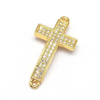 Curved Latin Sideways Cross Brass Micro Pave Cubic Zirconia Links, Clear, Cadmium Free & Nickel Free & Lead Free, Real 18K Gold Plated, 25x13x2mm, Hole: 1mm