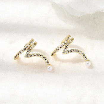 Brass Micro Pave Clear Cubic Zirconia Cuff Earrings, with ABS Plastic Imitation Pearl, Cadmium Free & Lead Free, Long-Lasting Plated, Rack Plating, Two-layer C-Shaped, Real 18K Gold Plated, 12.5x14x17.5mm