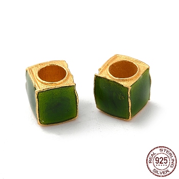 Matte Gold Color 925 Sterling Silver Beads, with Enamel, Square, Dark Green, 5x5x5mm, Hole: 3mm