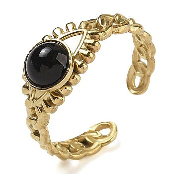 Natural Dyed & Heated Black Agate Finger Rings, Eye 304 Stainless Steel Open Cuff Rings, Real 18K Gold Plated, 8mm, Adjustable