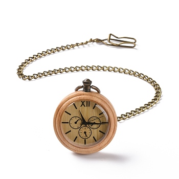 Bamboo Pocket Watch with Brass Curb Chain and Clips, Flat Round Electronic Watch for Men, Navajo White, 16-3/8~17-1/8 inch(41.7~43.5cm)