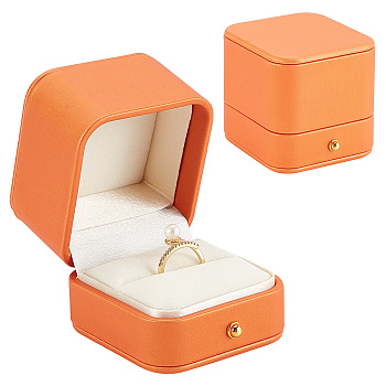 PU Leather Ring Jewelry Box, Finger Ring Storage Gift Case with Golden Tone Metal Clasps, Rectangle, Dark Orange, 6.6x6.1x6cm